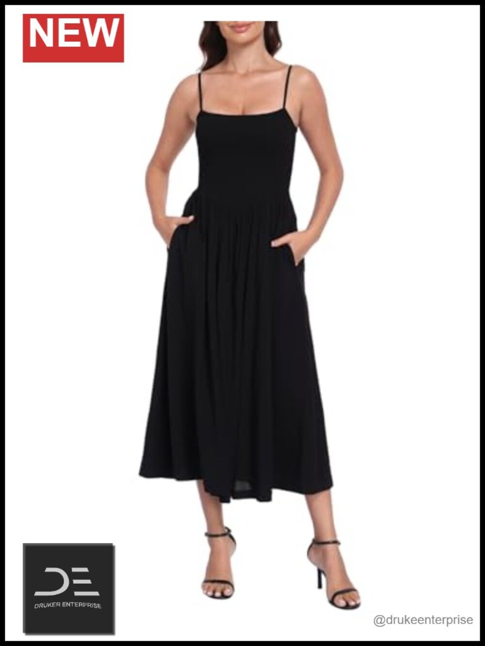 Smocked Midi Dress Spaghetti Strap A-Line Sundress Drop Waist Pockets